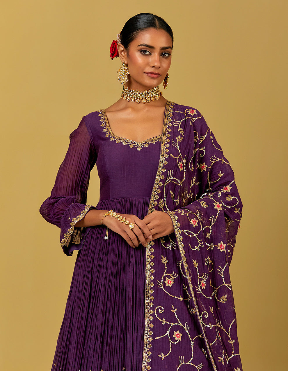 Purple Hand Embroidered Chanderi Suit And Dupatta