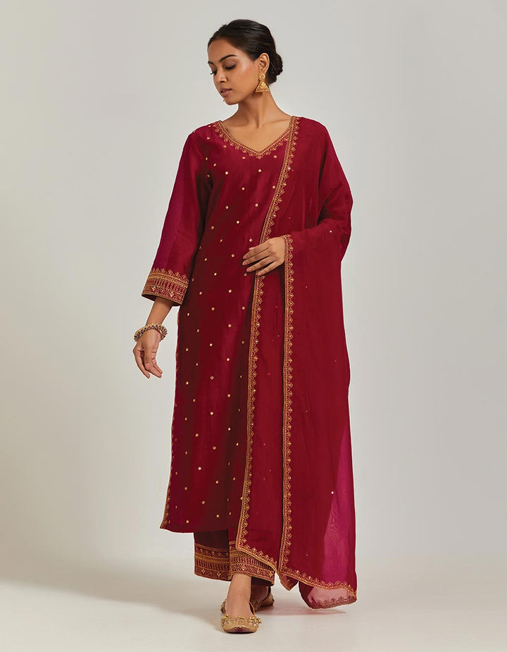 Red Embroidered Tissue Dupatta With Cheeta Sequin