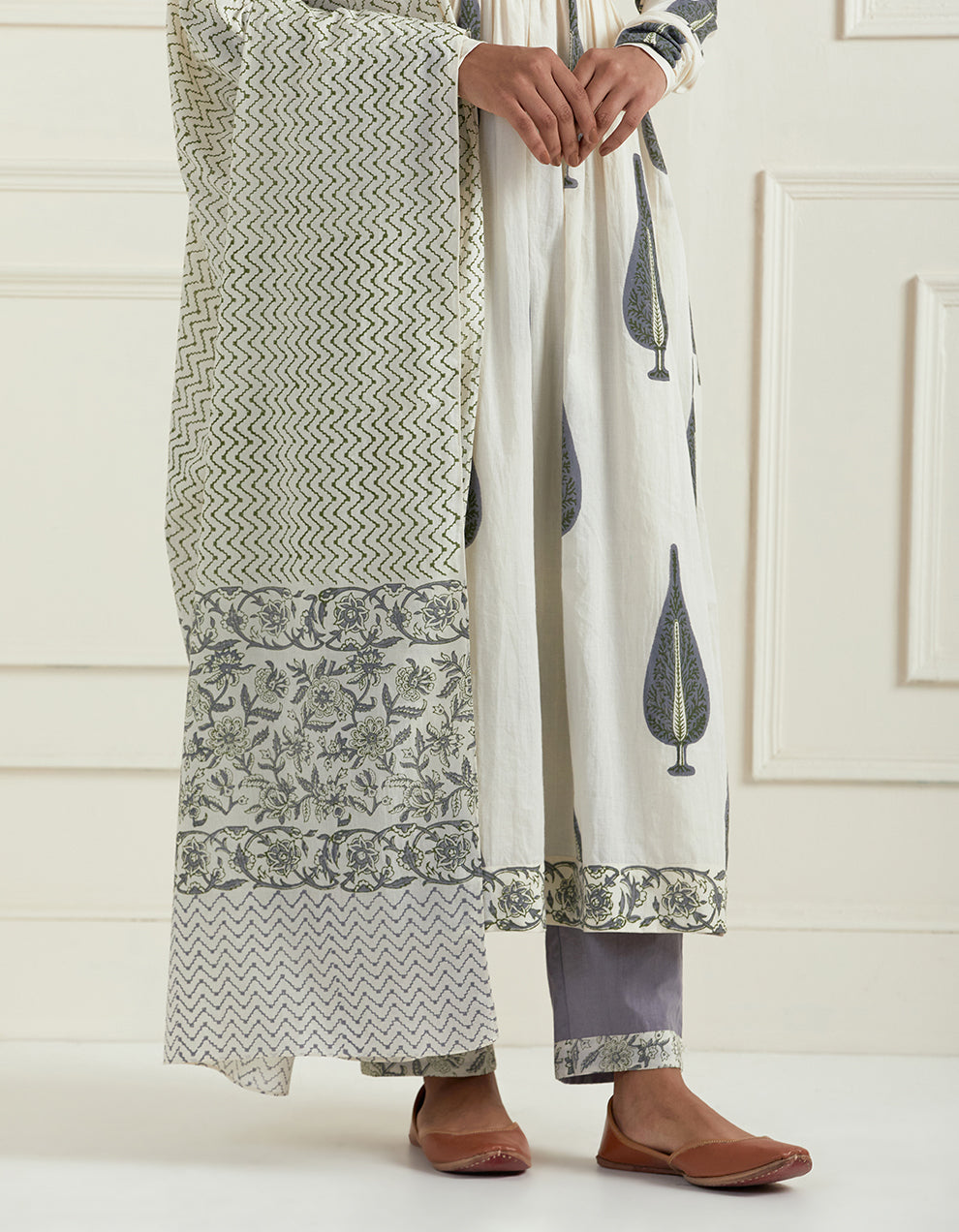 Grey cotton block printed kurta with pants and dupatta