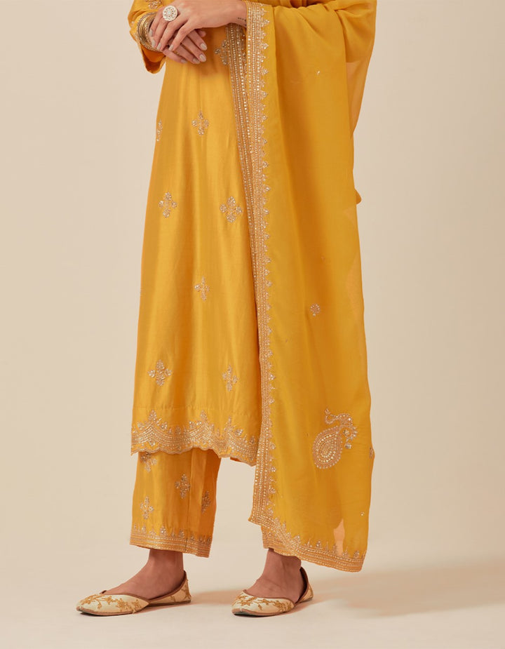 Yellow hand embroidered kurta with pants and dupatta