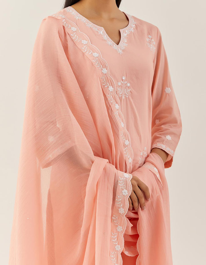 Peach Embroidered Cotton Kurta With Pants And Dupatta