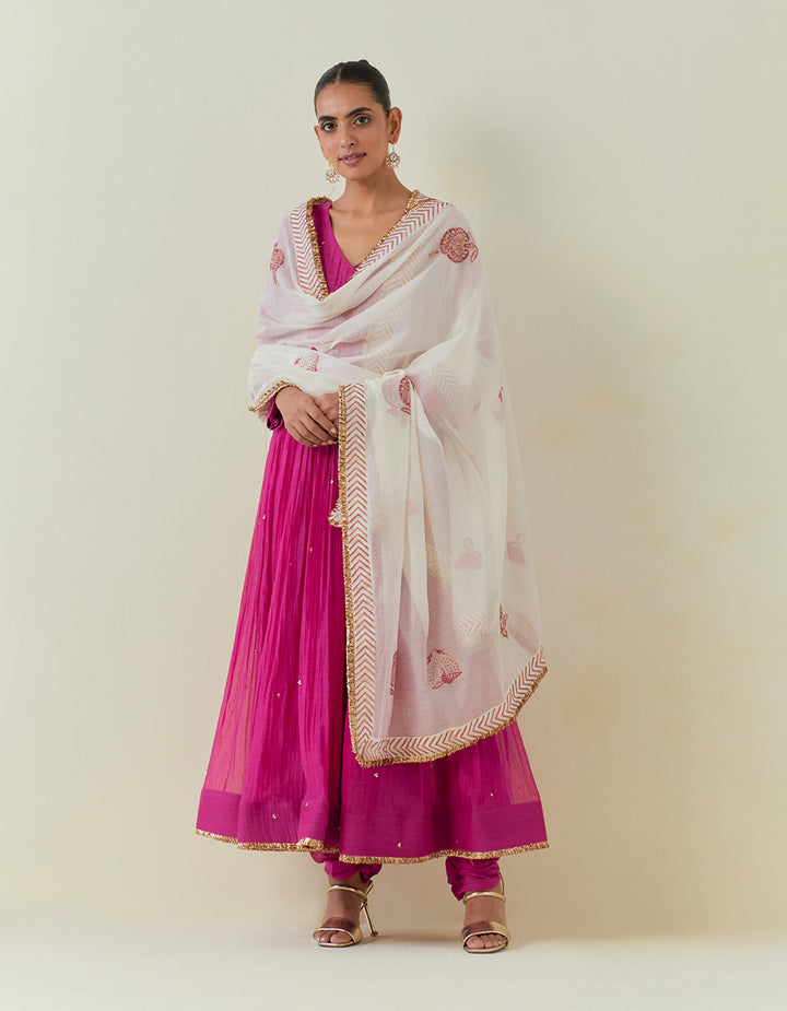 Pink Embroidered Light Chanderi Anarkali with Churidar And Dupatta