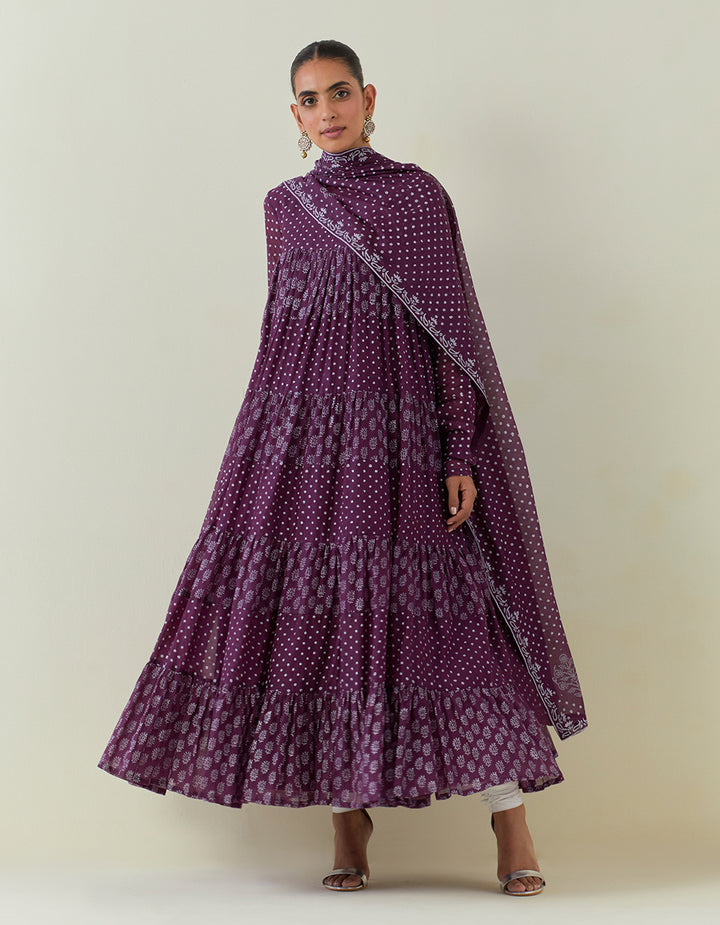 Purple Block Print Light Chanderi Tiered Kurta and dupatta with Cambric Churidar