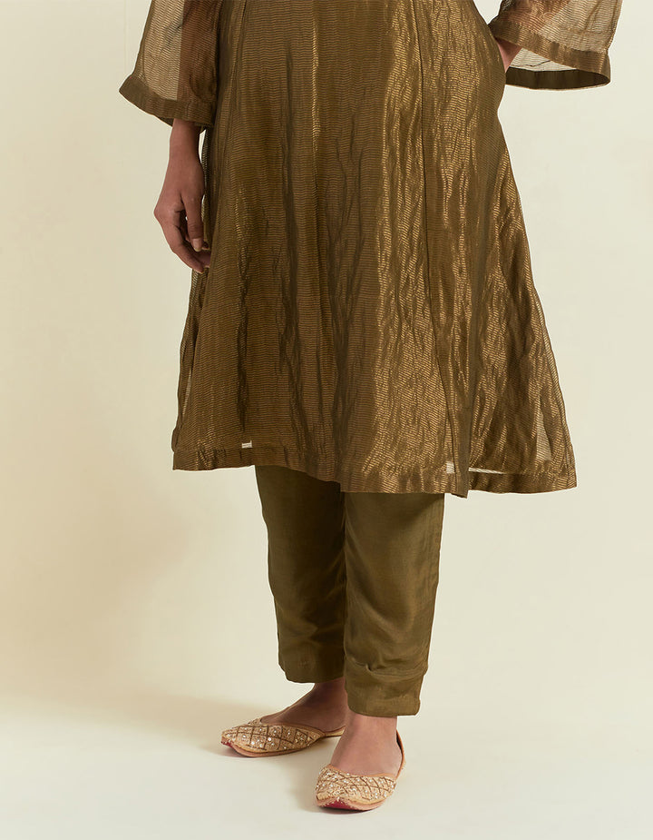 Olive Green Shimmer Organza Kurta With Muslin Pants