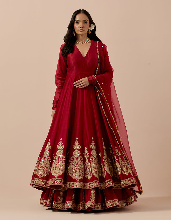 Red Pure Chanderi Anarakli with Skirt and Organza Dupatta