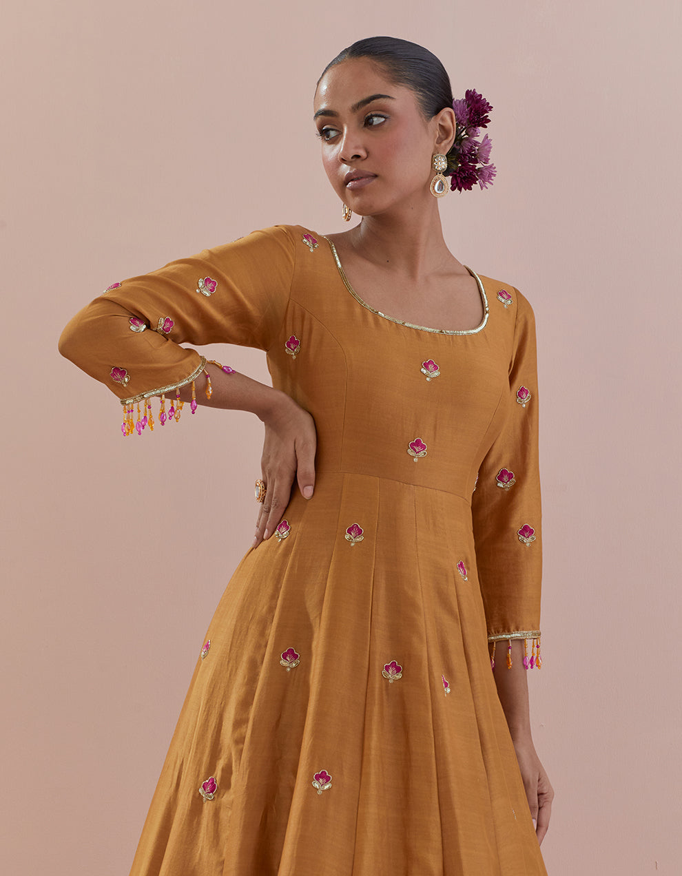 Mustard Chanderi Anarkali with Organza Dupatta