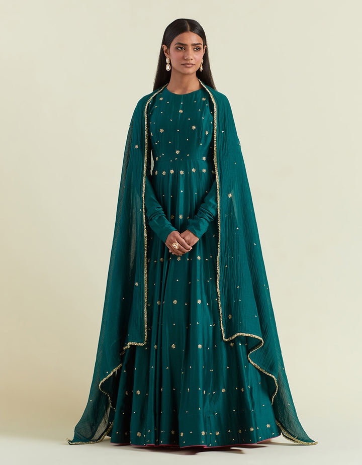 Green Chanderi Anarkali with Organza Dupatta