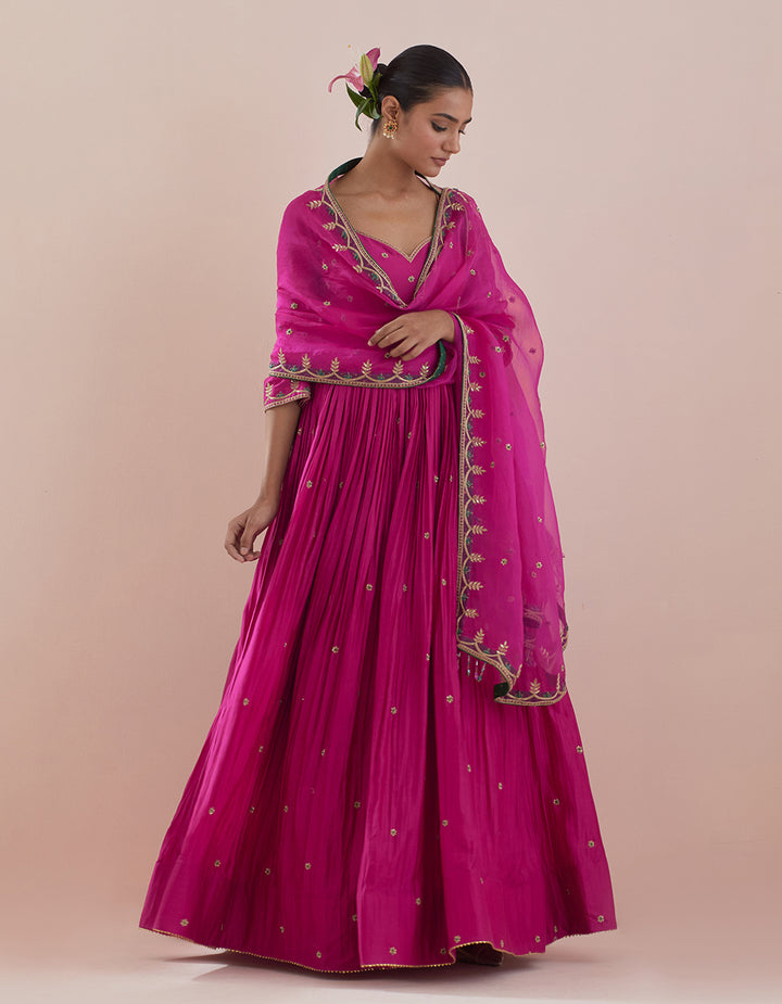 Magenta Chanderi Anarakli with Pure Organza Dupatta