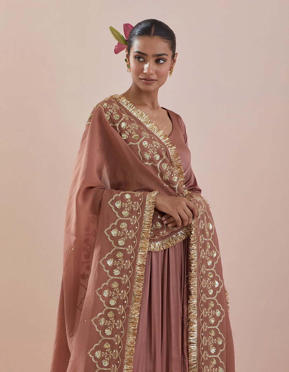 Cinnamon Brown Modal Satin Anarkali with Organza Dupatta