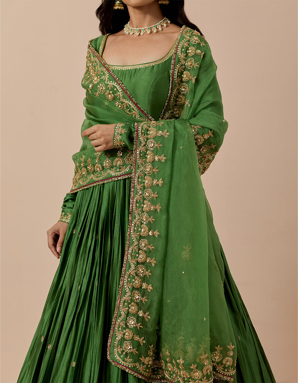 Forest Green Chanderi Anarakli with Pure Organza Dupatta