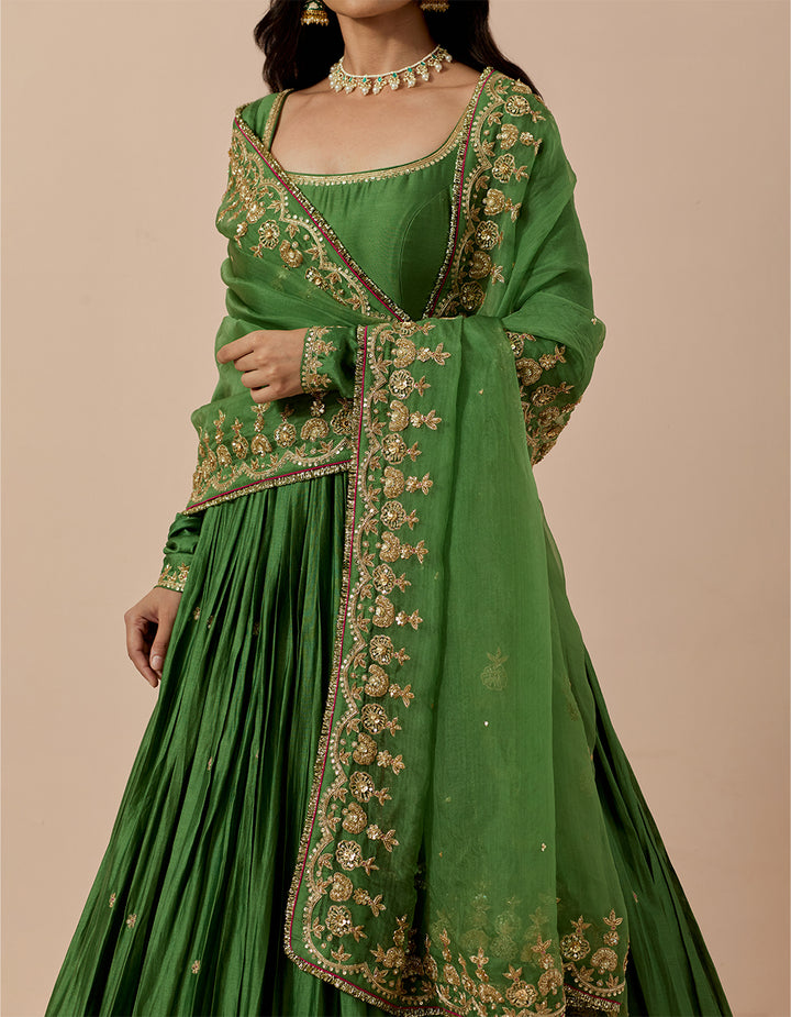 Forest Green Chanderi Anarakli with Pure Organza Dupatta