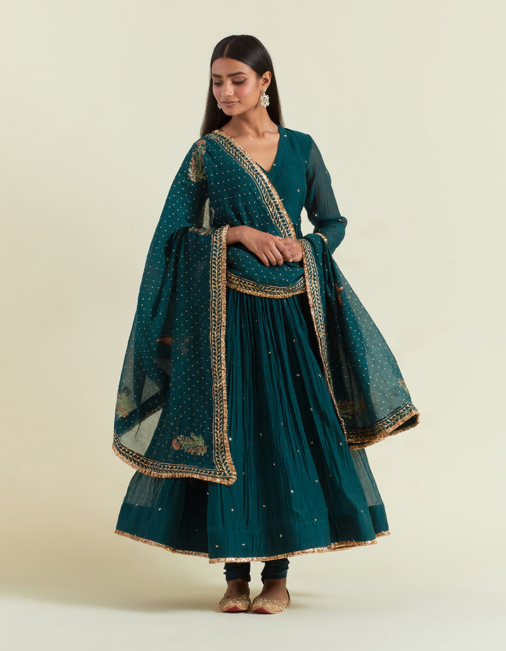 Teal Embroidered Light Chanderi Anarkali with Churidar And Dupatta