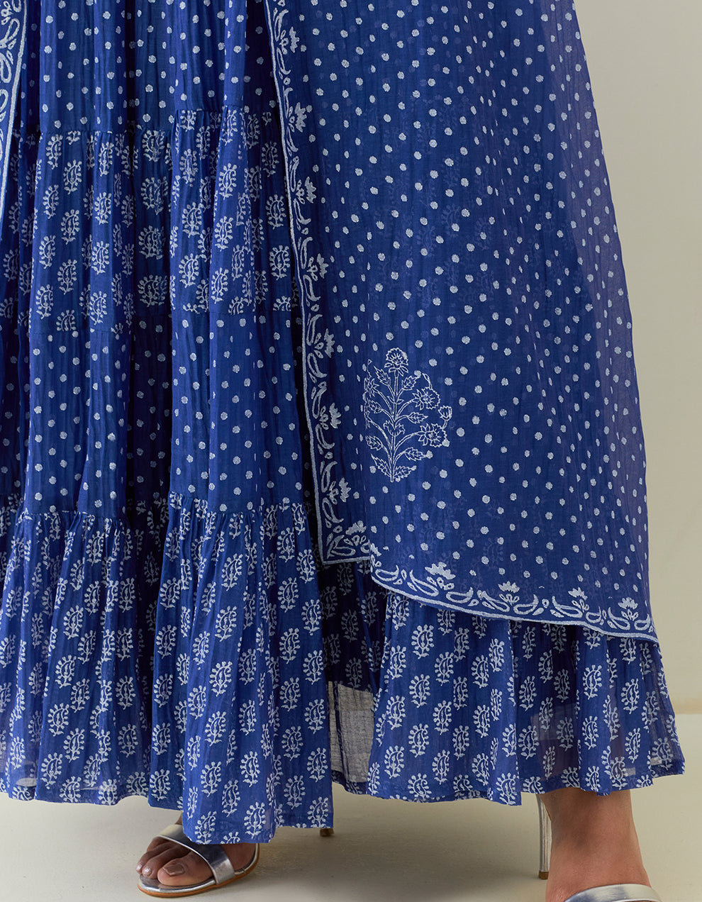 Blue Block Print Light Chanderi Tiered Kurta and dupatta with Cambric Churidar