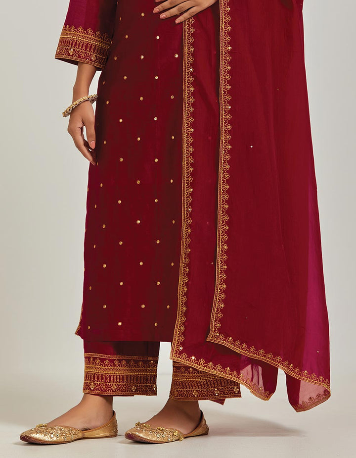 Red Embroidered Tissue Dupatta With Cheeta Sequin