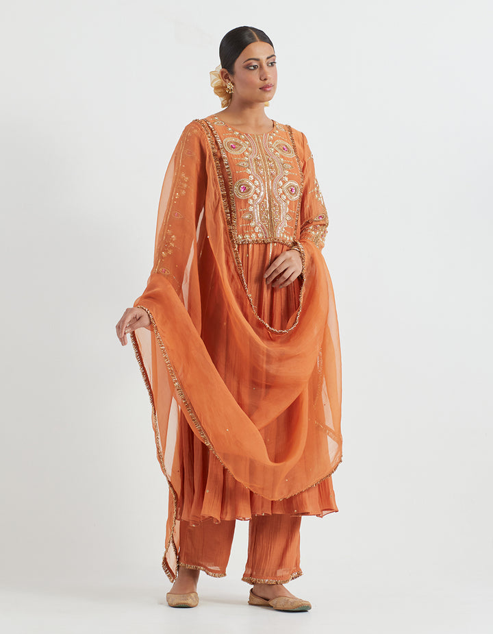 Orange Light Chanderi Kurta With Pants and Tissue Dupatta