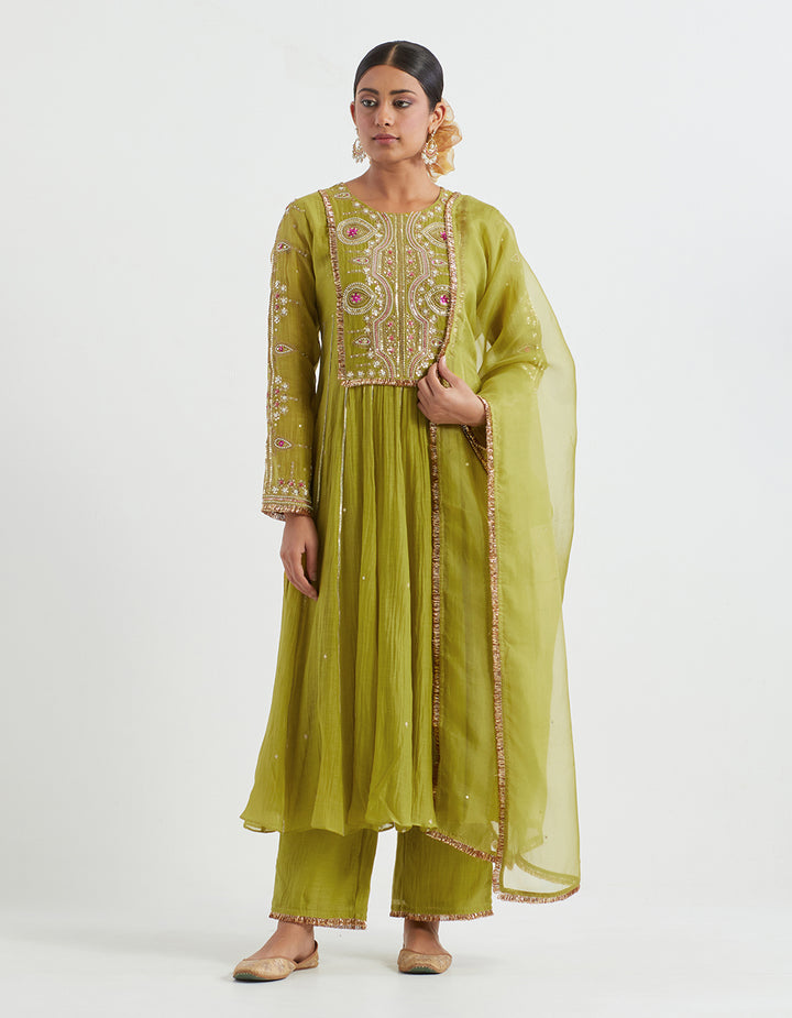 Green Light Chanderi Kurta With Pants and Tissue Dupatta