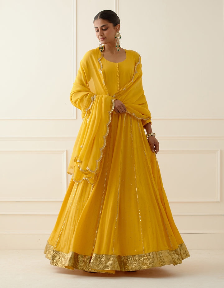 Yellow Cheese Cotton Floor Length Anarkali With Dupatta