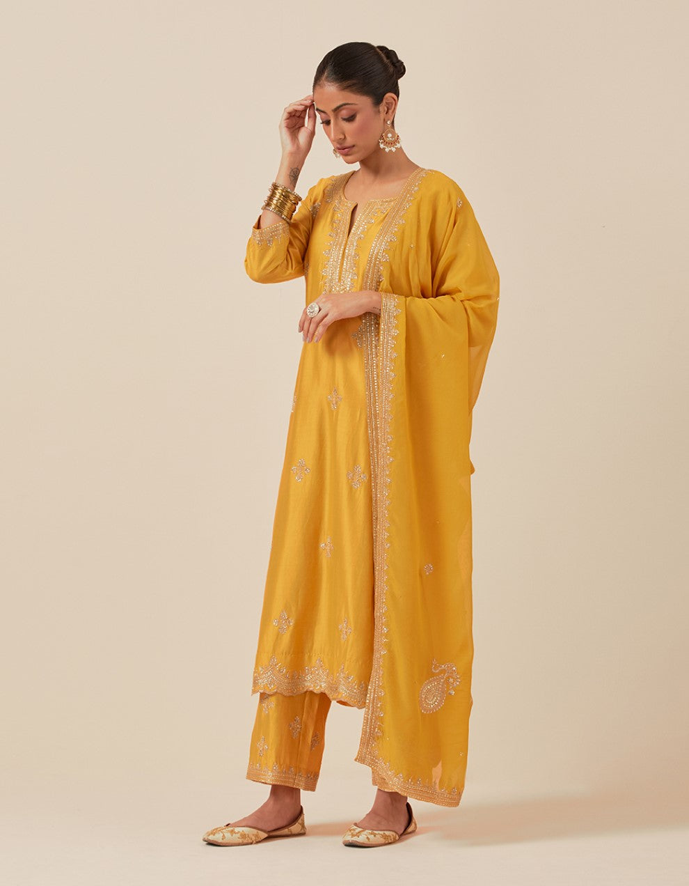 Yellow hand embroidered kurta with pants and dupatta