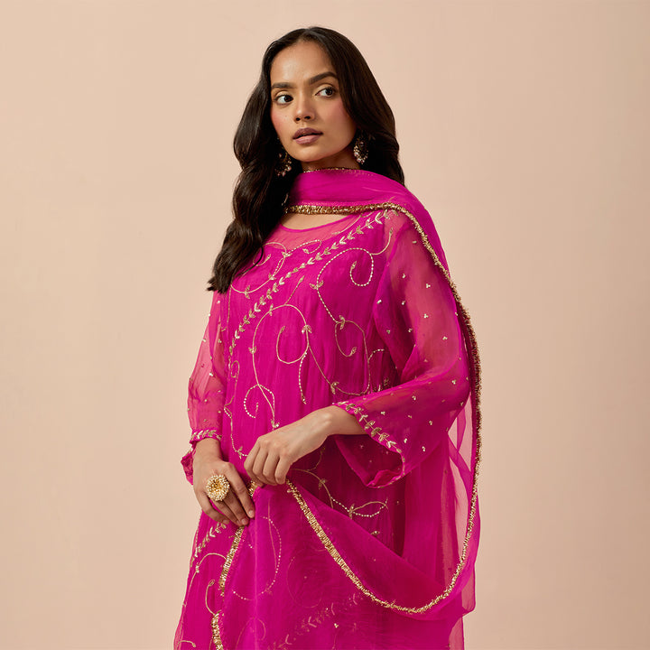 Magenta Organza Kurta and dupatta with organza and chanderi pants