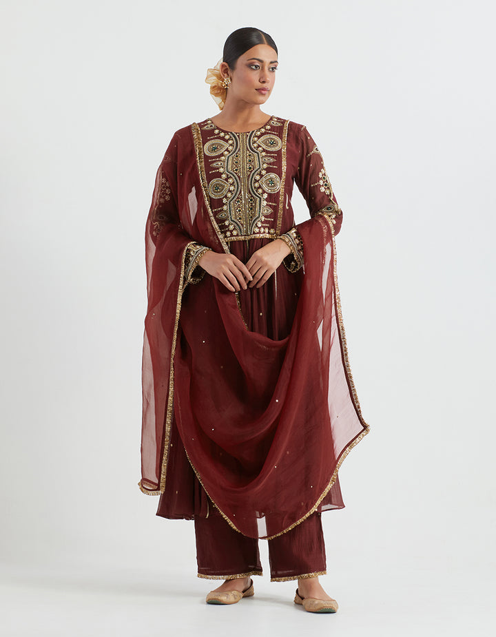 Maroon Light Chanderi Kurta With Pants and Tissue Dupatta