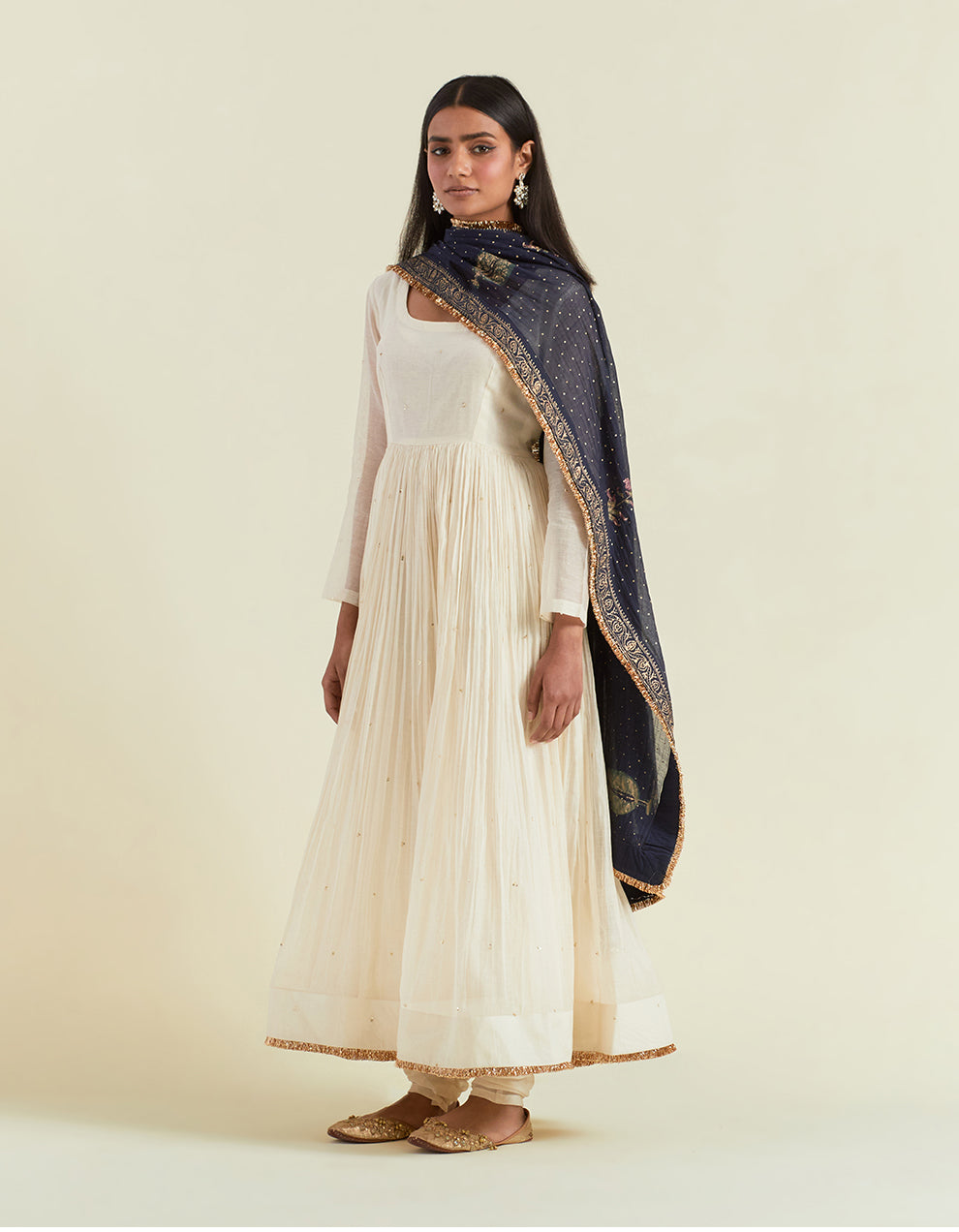 White Embroidered Light Chanderi Anarkali with Churidar And Dupatta