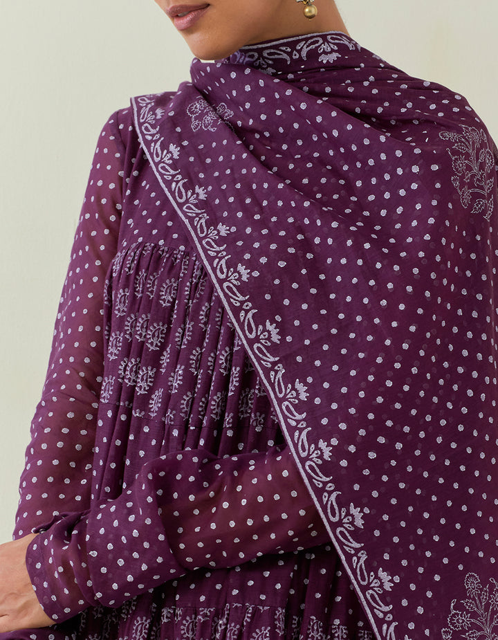 Purple Block Print Light Chanderi Tiered Kurta and dupatta with Cambric Churidar