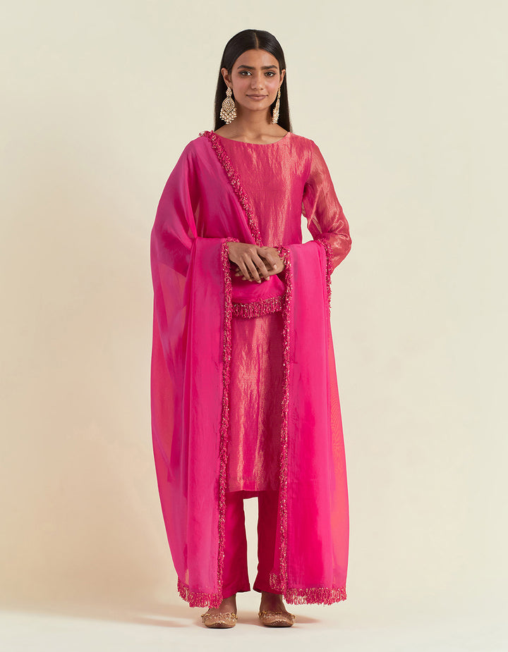 Pink Shimmer Organza Kurta With Muslin Pants and Tissue Dupatta