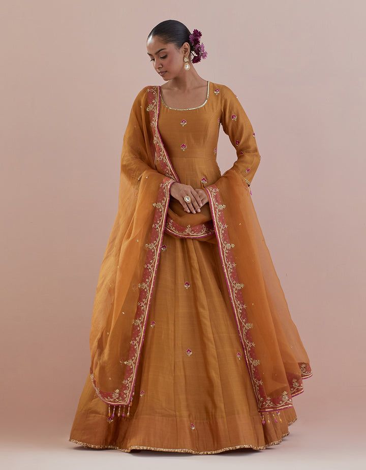 Mustard Chanderi Anarkali with Organza Dupatta