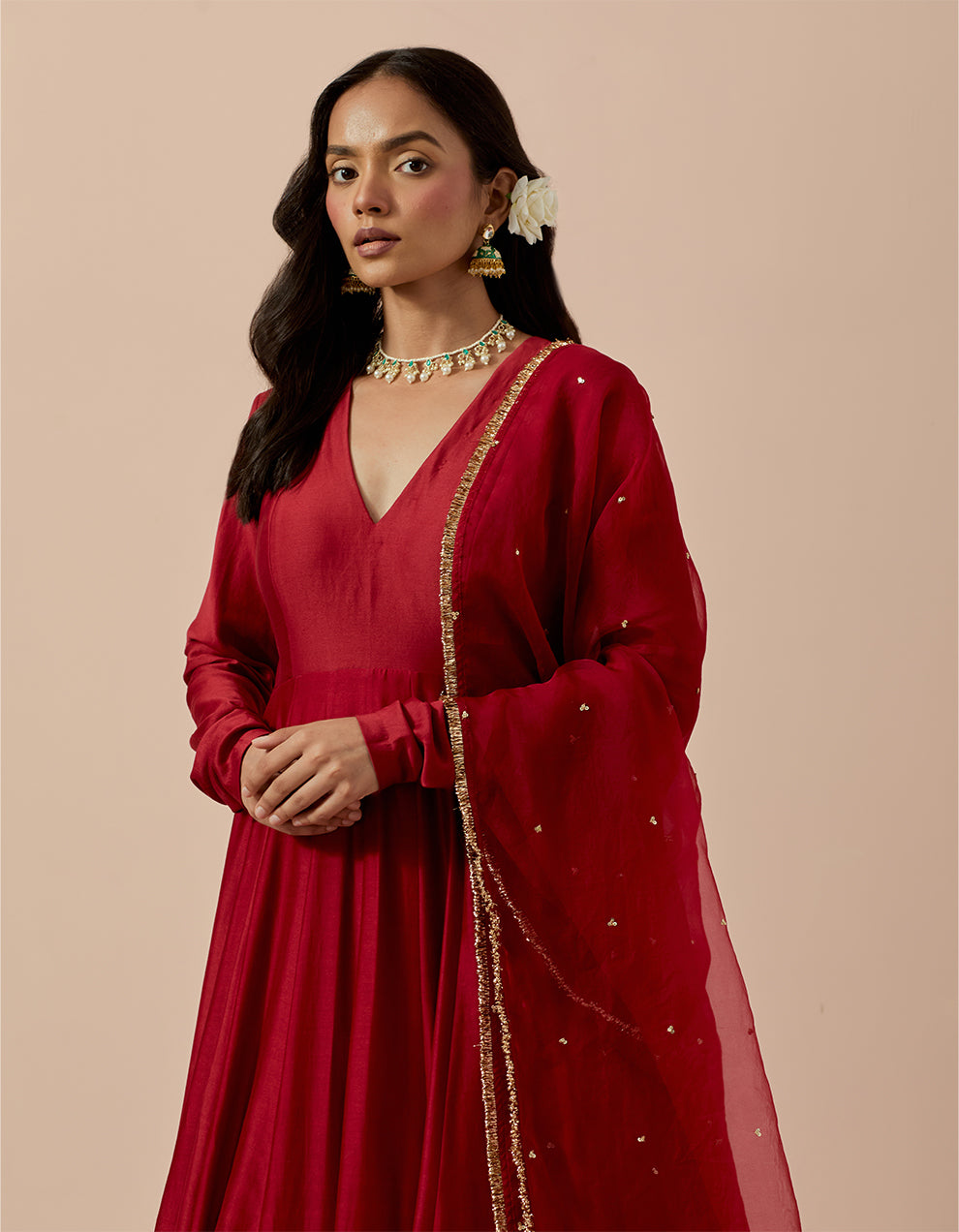 Red Pure Chanderi Anarakli with Skirt and Organza Dupatta