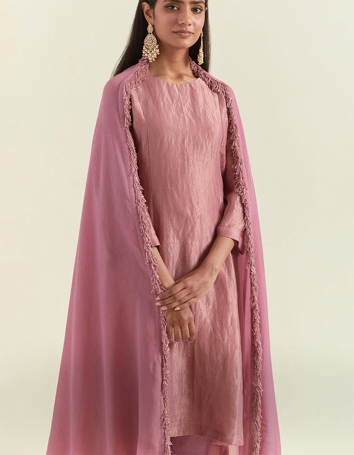 Dusty Rose Shimmer Organza Kurta With Muslin Pants and Tissue Dupatta