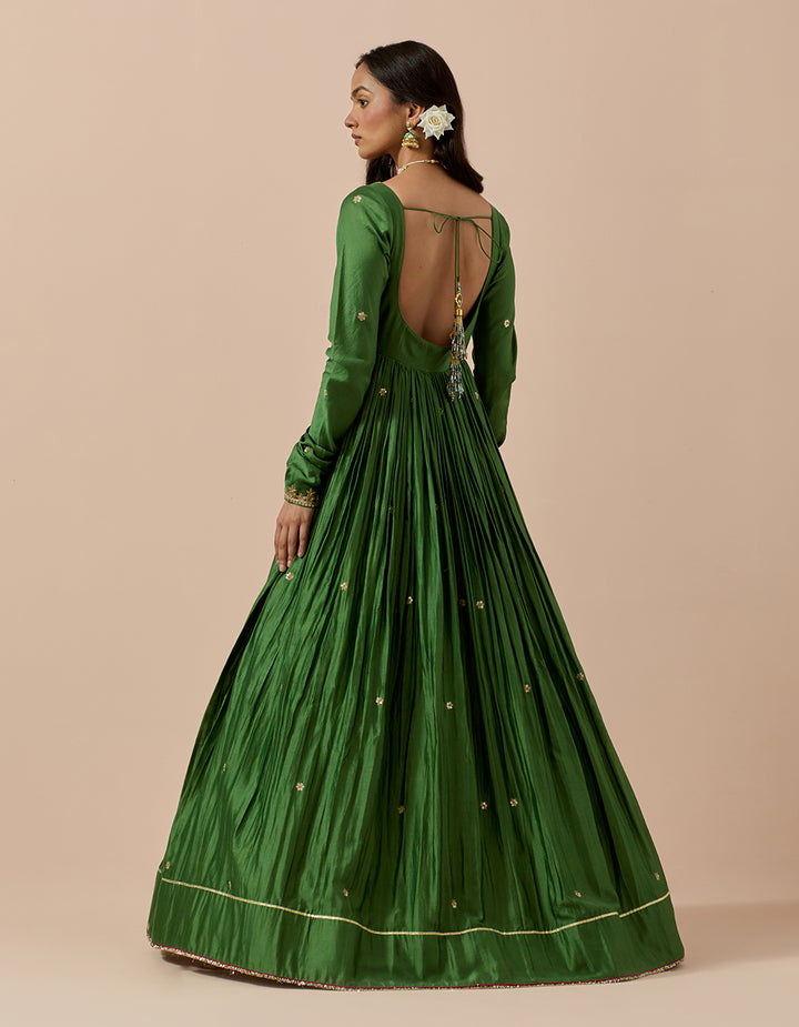 Forest Green Chanderi Anarakli with Pure Organza Dupatta