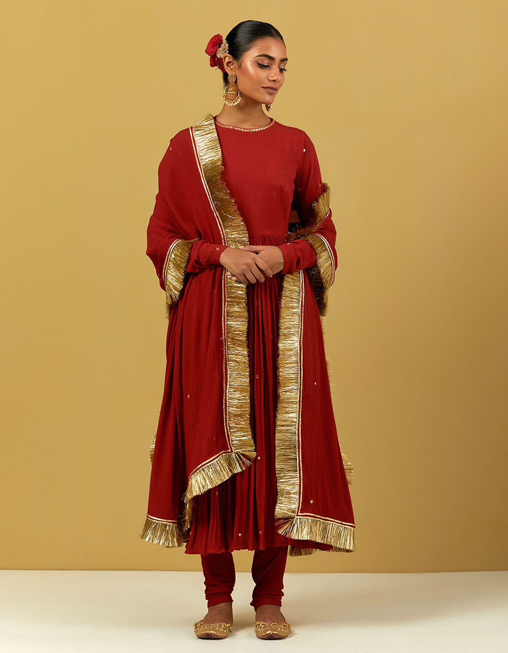 Red Hand Embroidered Anarkali with Churidar and Dupatta