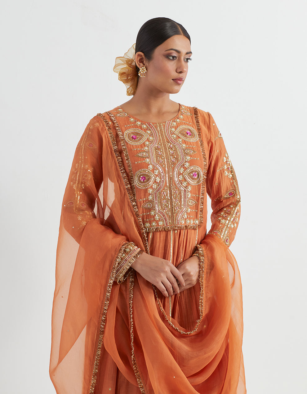 Orange Light Chanderi Kurta With Pants and Tissue Dupatta