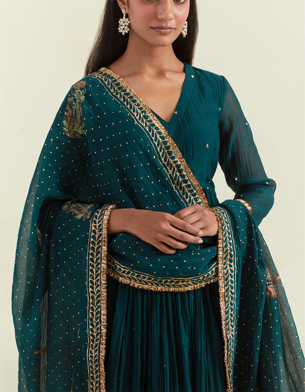 Teal Embroidered Light Chanderi Anarkali with Churidar And Dupatta