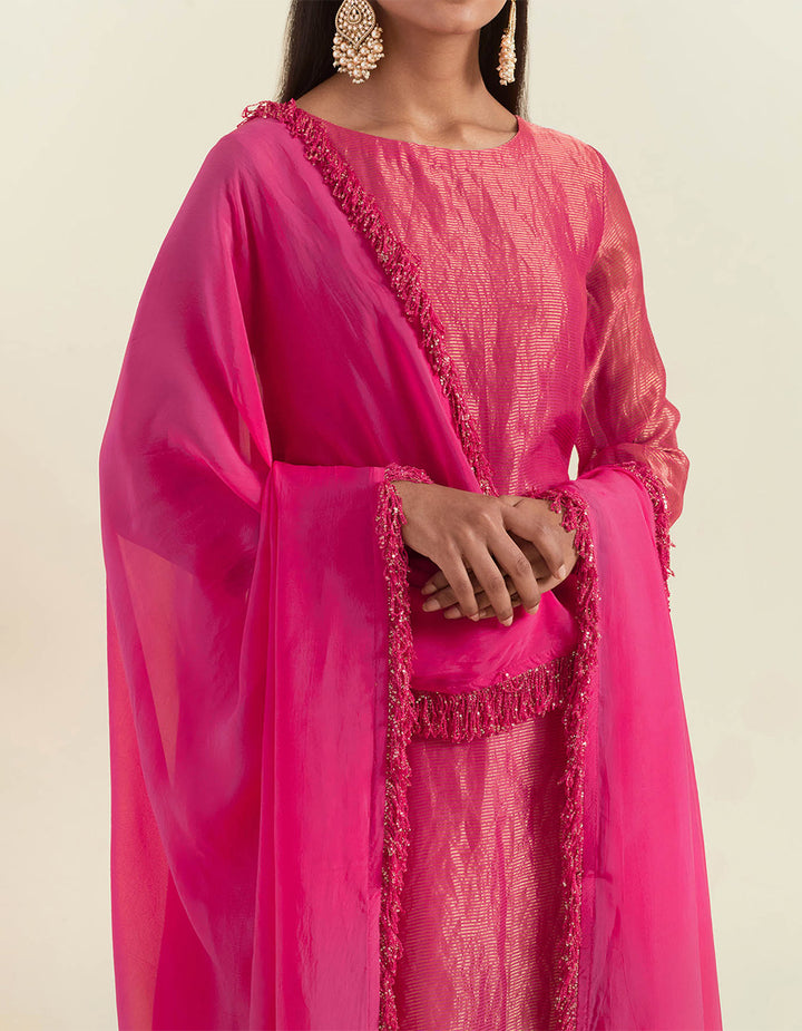 Pink Shimmer Organza Kurta With Muslin Pants and Tissue Dupatta