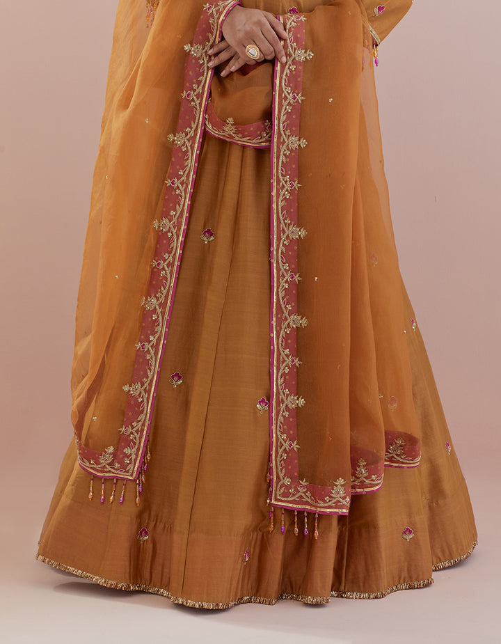 Mustard Chanderi Anarkali with Organza Dupatta