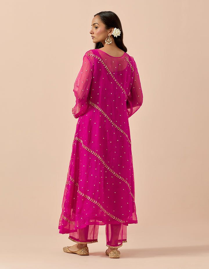 Magenta Organza Kurta and dupatta with organza and chanderi pants