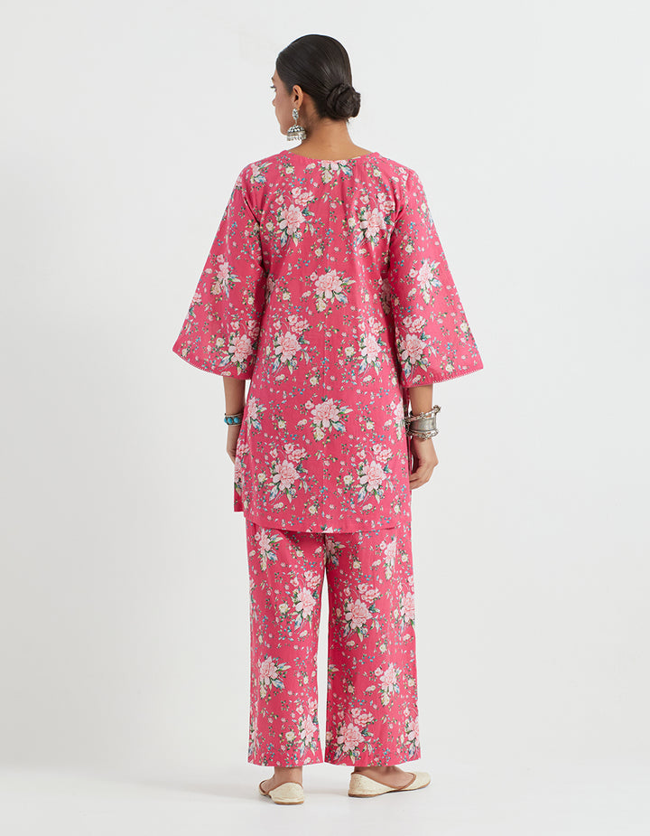 Pink Printed Cotton Kurta With Pants