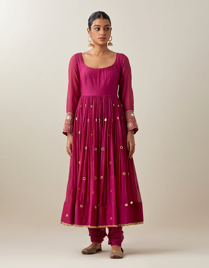 Magenta Light Chanderi Anarkali With Churidar and Banarasi Dupatta