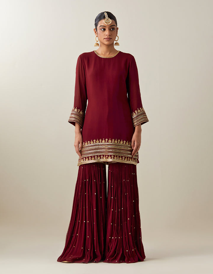 Maroon Georgette Kurta With Garara and Tissue Organza Dupatta