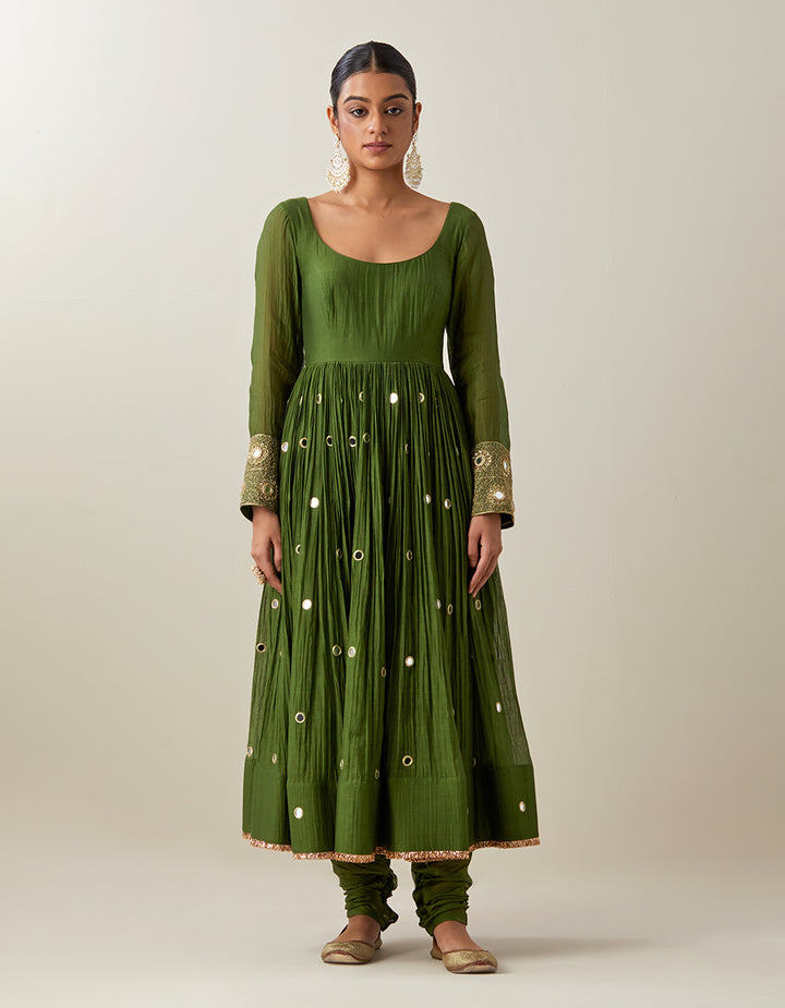 Green Light Chanderi Anarkali With Churidar and Banarasi Dupatta