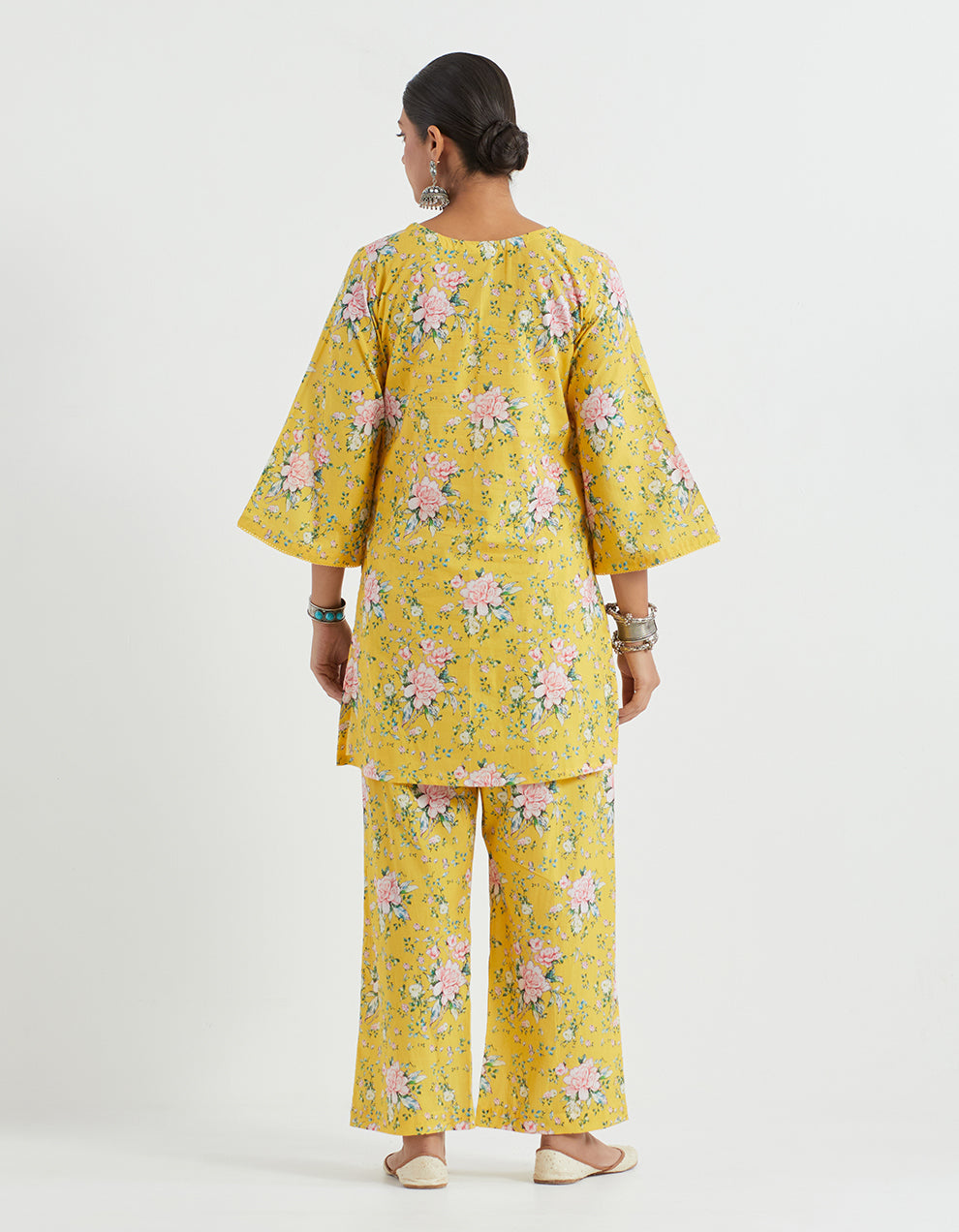 Yellow Printed Cotton Kurta With Pants