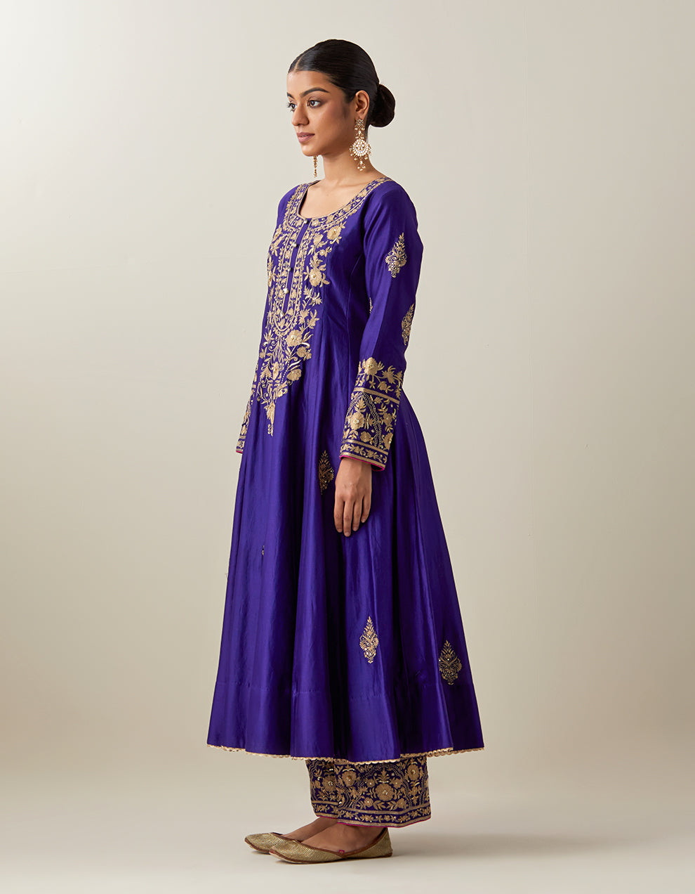 Purple Chanderi Silk Anarkali With Pants and Tissue Organza Dupatta