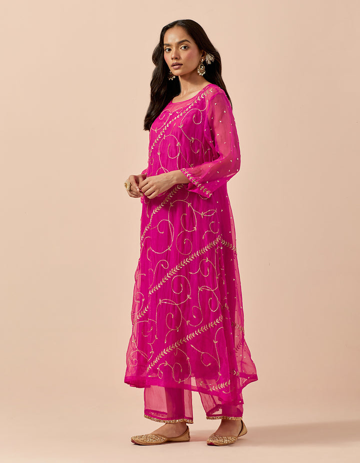 Magenta Organza Kurta and dupatta with organza and chanderi pants