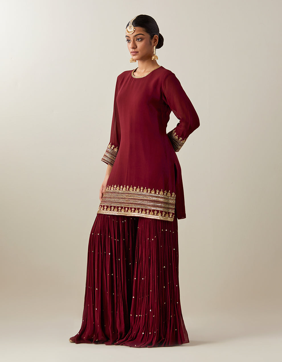 Maroon Georgette Kurta With Garara and Tissue Organza Dupatta