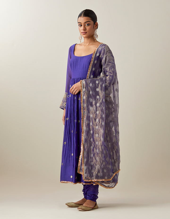 Blue Light Chanderi Anarkali With Churidar and Banarasi Dupatta