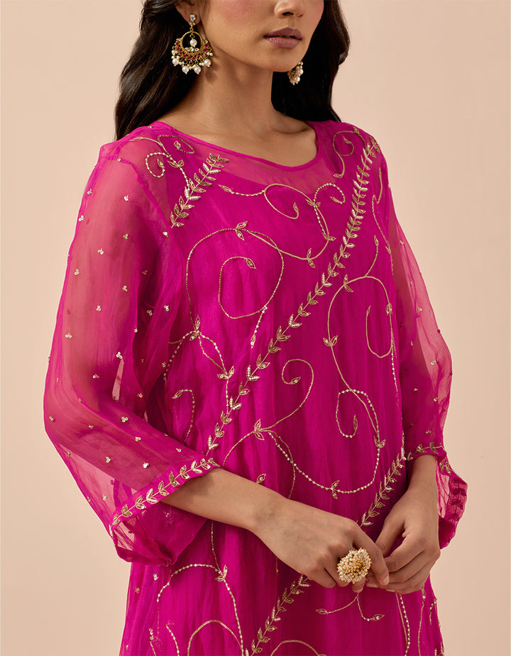 Magenta Organza Kurta and dupatta with organza and chanderi pants