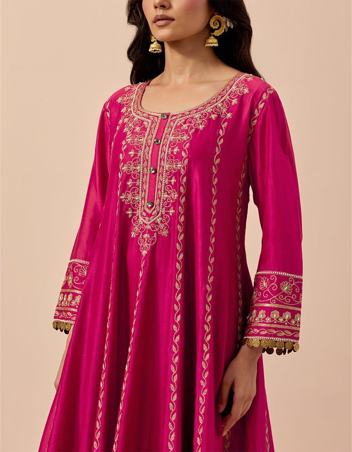 Magenta Chanderi Silk Anarkali With Pants and Organza Dupatta