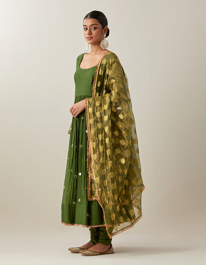 Green Light Chanderi Anarkali With Churidar and Banarasi Dupatta