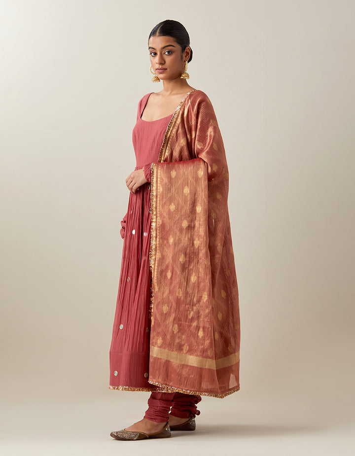 Rust Light Chanderi Anarkali With Churidar and Banarasi Dupatta